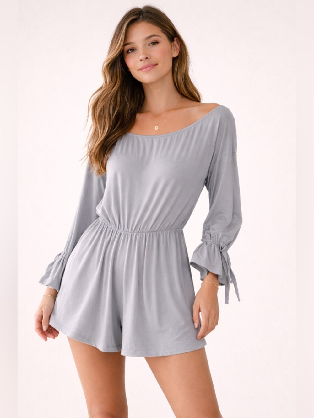 Revolve Lovers and Friends Gray Long Sleeve Tie Cuff Romper Size M NWT
